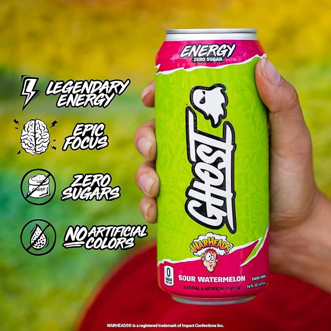 GHOST Energy Drink - 12-Pack Warheads Sour Watermelon 16oz - Energy &amp Focus &amp No Artificial Colors - 200mg of Natural Caffeine L-Carnitine &amp Taurine - Gluten-Free &amp Vegan
