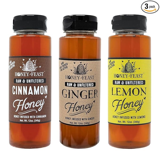 HONEY FEAST Wellness Trio Honey Gift Set - Includes 12oz Cinnamon Ginger and Lemon Honey - Perfect for Tea Gourmet Dishes and Gifting
