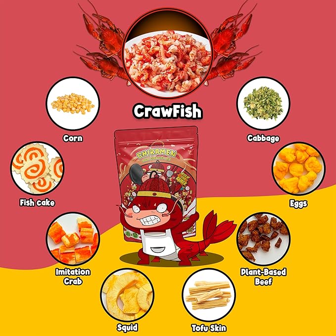 CHIRAMEN Mala Crawfish Mix Ramen Toppings – Crawfish Fish Cake Squid Imitation Crab Egg Corn Cabbage &amp Plant-Based Beef for Cup Noodles Ramen Bowls &amp Soups