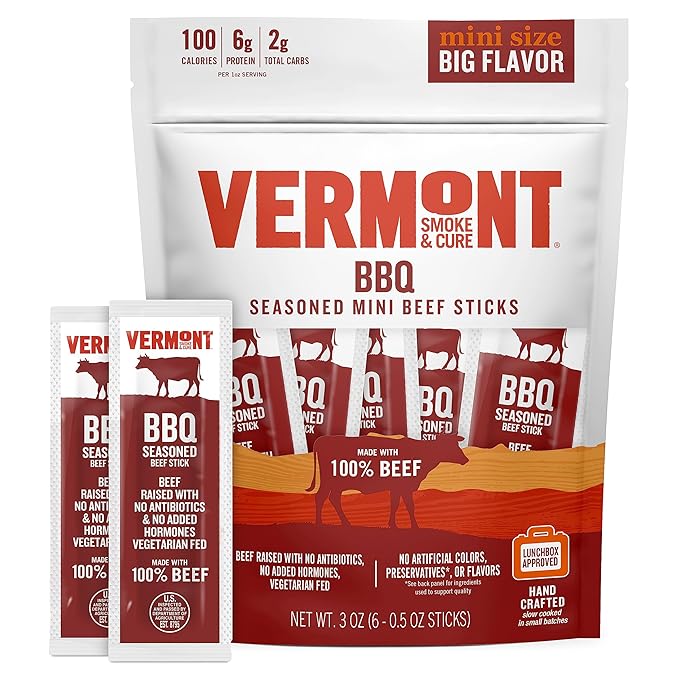 Vermont Smoke &amp Cure BBQ Beef Sticks - Healthy Protein Meat Snacks with BBQ Flavor - On the Go Healthier Snack for Adults &amp Kids - Portable Meat Snack- 3 oz pack of 8