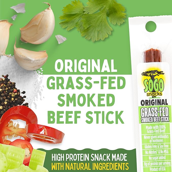 Original Sogo Snacks No Sugar 100% Grass-fed &amp Grass-finished Non-GMO Beef Sticks. No Added Nitrates Gluten Soy MSG Dairy Nuts. Keto Whole Paleo Friendly (Original 1-oz 72 Count)