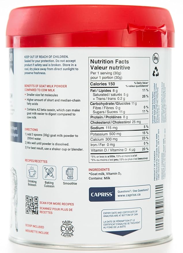 Capriss Whole Goat Milk Powder 22.5oz | Canadian Family Farm Sourced Vitamin D Enriched High Protein &amp Calcium A2 Milk Easy to Digest Gluten Free | No Antibiotics No rBST No Preservatives