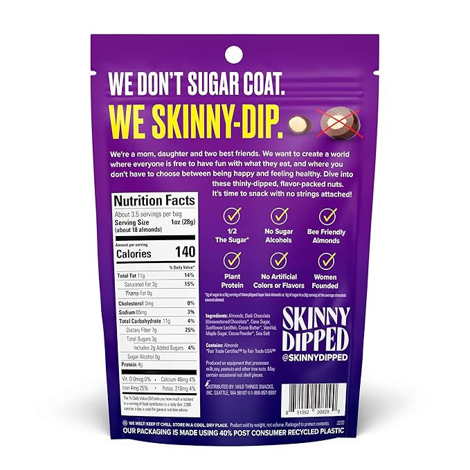 SkinnyDipped Super Dark Chocolate + Sea Salt Almonds Vegan Healthy Snack Plant Protein Gluten Free 3.5 oz Resealable Bags Pack of 5