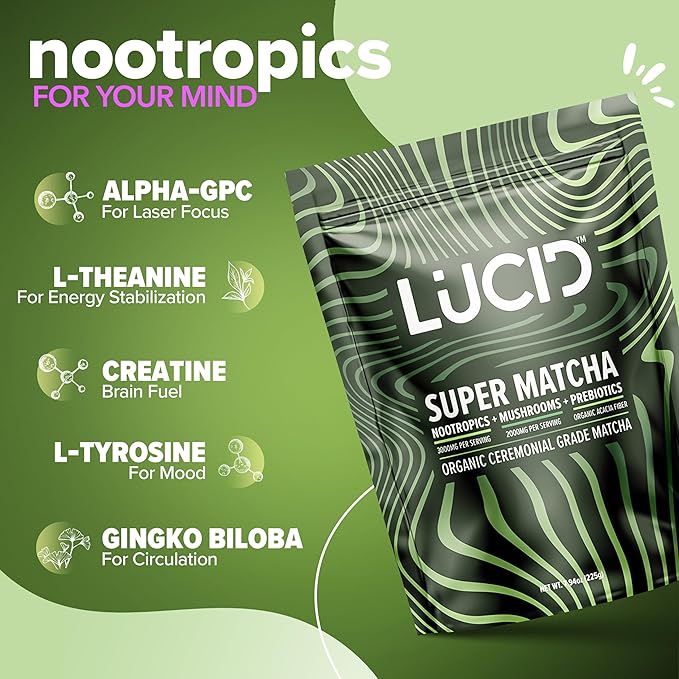 Lucid Superfood Organic Mushroom Matcha with Nootropics - Lion's Mane Tremella Cordyceps &amp Turkey Tail - Instant Mushroom Matcha Focus Brain Health - Alpha GPC L-Theanine Ginko Biloba - USA Ma