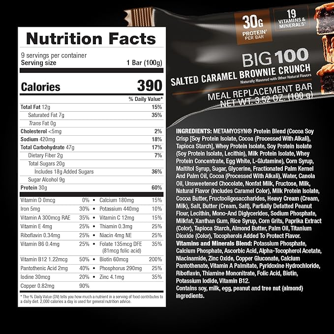 MET-Rx Big 100 Protein Bar Meal Replacement Bar 30G Protein Salted Caramel Brownie Crunch 9 Count 3.52 Oz.(Packaging may vary)