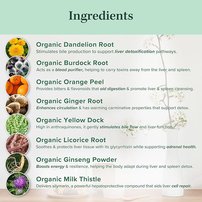 Jade Tea - Organic Liver Detox &amp Spleen Detox Tea - Organic Dandelion Root Tea Burdock Root Ginger Root &amp Orange Peel - Supports Liver Kindey Gallbladder &amp Spleen Health - USA Made
