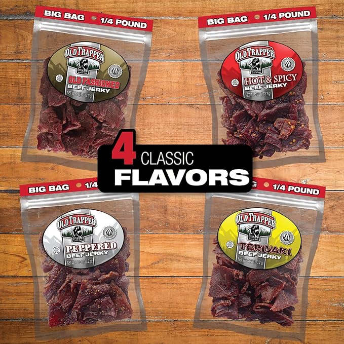Old Trapper Beef Jerky Teriyaki 1/4-Pound Individual Package Savory and Sweet Meat Snack for Lunches or Between Meals 11 Grams of Protein Zero Grams of Fat 70 Calories per Serving (Pack of 8)