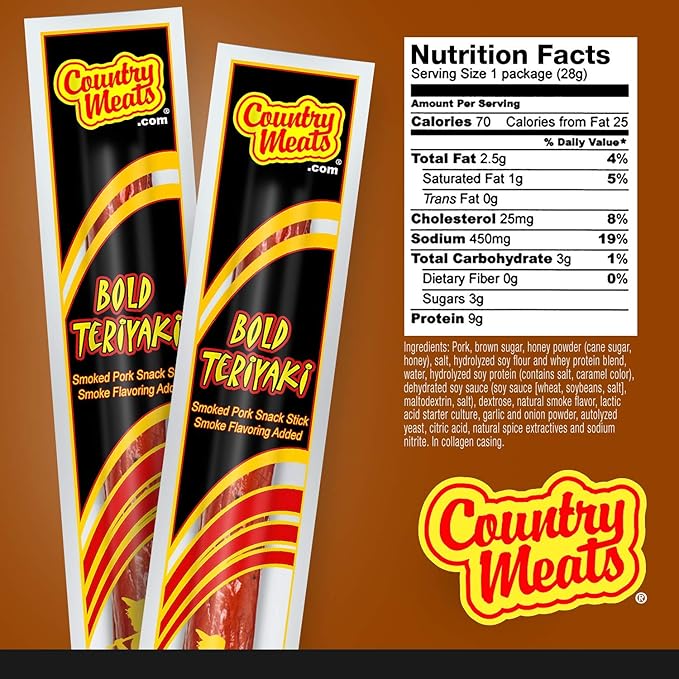 Country Meats Meat Sticks 0 Trans Fat USDA Certified Good Source of Protein Carb Conscious Snack (24 Meat Sticks Bold Teriyaki)