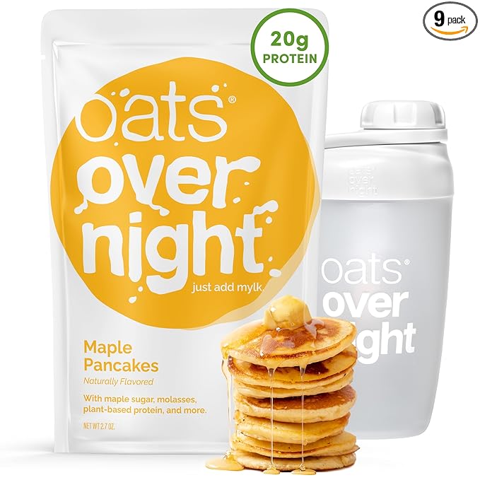 Oats Overnight - Maple Pancakes - Vegan 20g Protein High Fiber Breakfast Shake - Gluten Free Non GMO Oatmeal (2.5 oz per meal) (8 Pack + Shaker Bottle)