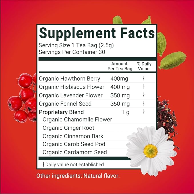 Herbaly Heart Functional Tea - 9 Superherbs - Natural Organic Non-GMO Caffeine-Free Sugar Free - 1 Pack 30 Pyramid Tea Bags