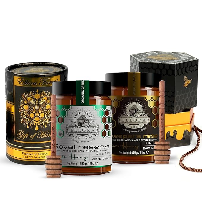 Ellora Farms Organic Raw Greek Honey Bundle – Wild Thyme &amp Pine-Thyme Award-Winning Pure Unfiltered Cold-Pressed Additive-Free Gift Pack with Wooden Dipper – 2 x 450g
