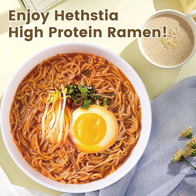 Hethstia High Protein (26g) Ramen Cup Noodles Spicy Curry Flavor 6 Count Plant Based Vegan Noodle Soup Non Fried Low Sugar Low Fat Ready to Eat Healthy Asian Meal &amp Holiday Gift