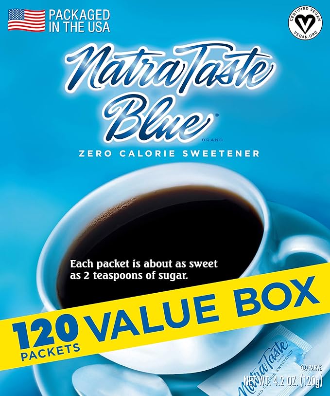 NatraTaste Blue Zero Calorie Sweetener Bulk Sugar Substitute for Coffee Iced Tea Lemonade Hot &amp Cold Drinks Baking Cooking Low Carb Vegan Sugar Alternative 120 Packets Value Box (12 pack