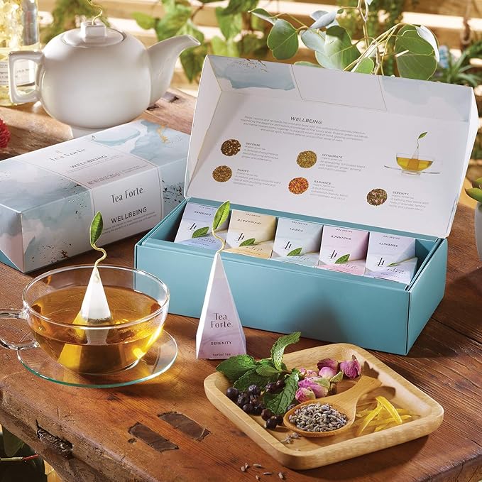 Tea Forte Premium Petite Presentation Box Gift Set Sampler 10 Count 2 of Each Blend Individually Wrapped Handcrafted Pyramid Infuser Bags Wellbeing Tea