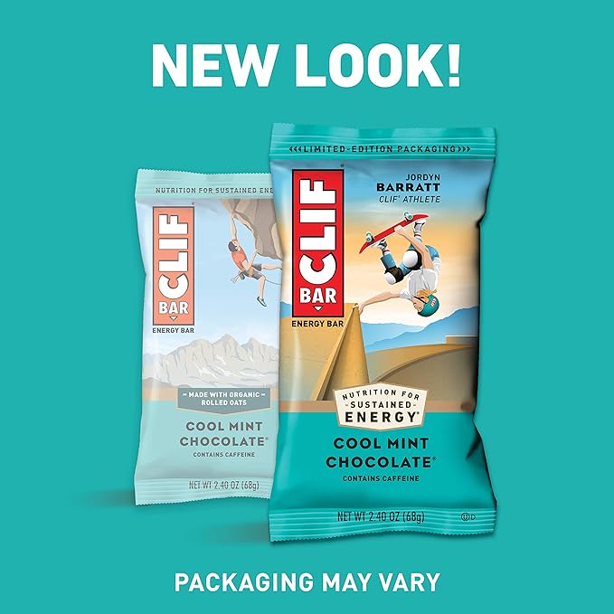 CLIF BARS - Energy Bars - Cool Mint Chocolate - With Caffeine - Made with Organic Oats - Plant Based Food - Vegetarian - Kosher (2.4 Ounce Protein Bars 24 Count) Packaging May Vary
