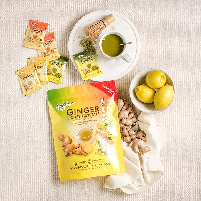 Prince of Peace Instant Ginger Honey Crystals Assorted (Lemon Turmeric Matcha) 30 Sachets - pack of 2 – Instant Hot or Cold Beverage that Soothes Throat – Easy to Brew – Drink Like a Tea – Gluten F