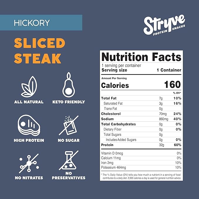 Stryve Protein Snacks - Better Than Jerky Steak Snacks. Protein Rich Beef Biltong | 32g Protein Sugar Free Carbs Free Gluten Free Dairy Free Keto &amp Paleo Friendly | Hickory Pack Of 4