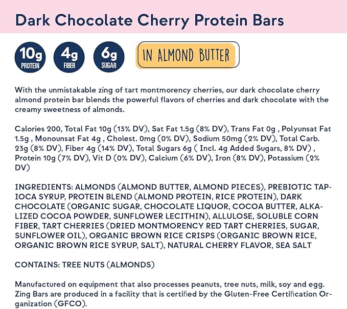 Zing Bars Plant Based Protein Bar Dark Chocolate Cherry Nutrition Bar 10g Protein 6g Fiber Vegan Gluten Free Soy Free Non GMO 12 count