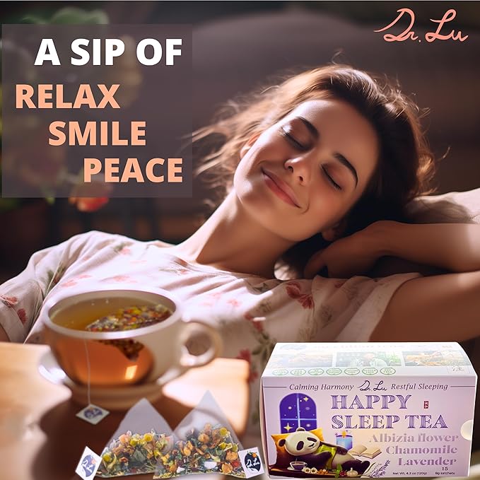 2 Pack of Dr. Lu’s Happy Sleep Tea | 100% Natural Calming Herbal Tea | Traditional Nighttime Relaxation Blend with Chamomile Lavender Lemon Balm &amp More Herbs
