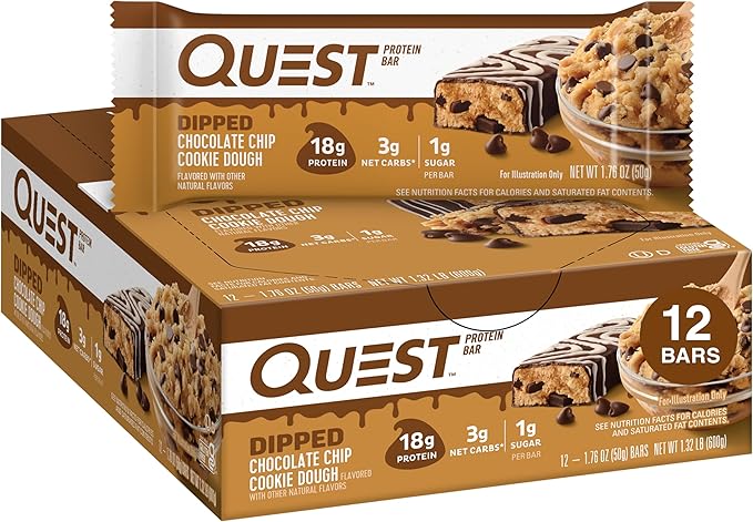 Quest Dipped Chocolate Chip Cookie Dough &amp Cookies and Cream Protein Bars Bundle 1.76 Oz 12 Ct