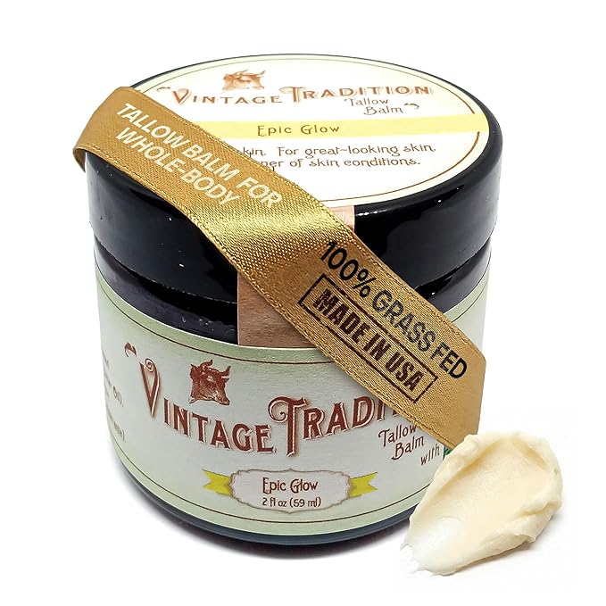 Vintage Tradition Epic Glow Beef Tallow Balm – Glow Boosting Moisturizer with Lavender Oil Myrrh Oil Manuka Face Oil and Fish Oils – Beef Tallow for Skin Care from Head to Toe 2 fl. oz.