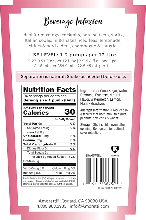 Amoretti - Watermelon Lemonade Beverage Infusion - Drink Mix &amp Water Enhancer with Pump for Flavoring Cocktails Waters Teas and other Beverages Preservative Free