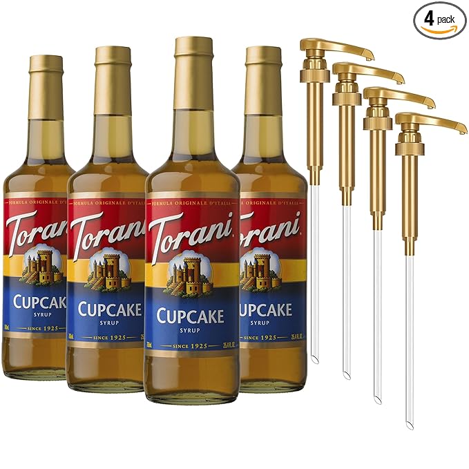 Torani Coffee Syrup Cupcake Flavoring for Drinks Glass Bottle 4-Pack Pumps Included 25.4 Fl Oz Ea