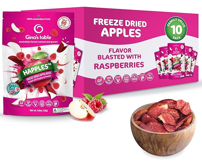 Happles Freeze Dried Apples with Raspberry Fruit Powder – 100% Natural No Added Sugar Healthy Low Calorie Apple Crisps Snack for Adults &amp Kids Gluten Free No Artificial Flavours (10 Pack)