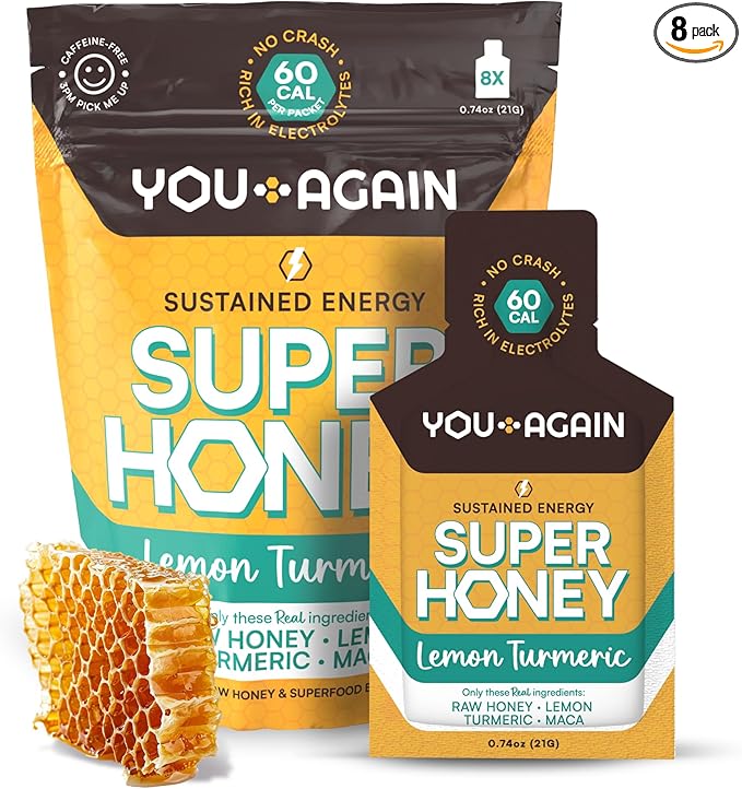 You Again Super Honey Lemon Turmeric | Workout Clean Energy Gel Packs | Cycling Endurance Running Gel or Energy Snack | Paleo &amp Carnivore Snack | Gluten-Free | Made in USA | 8-Pack