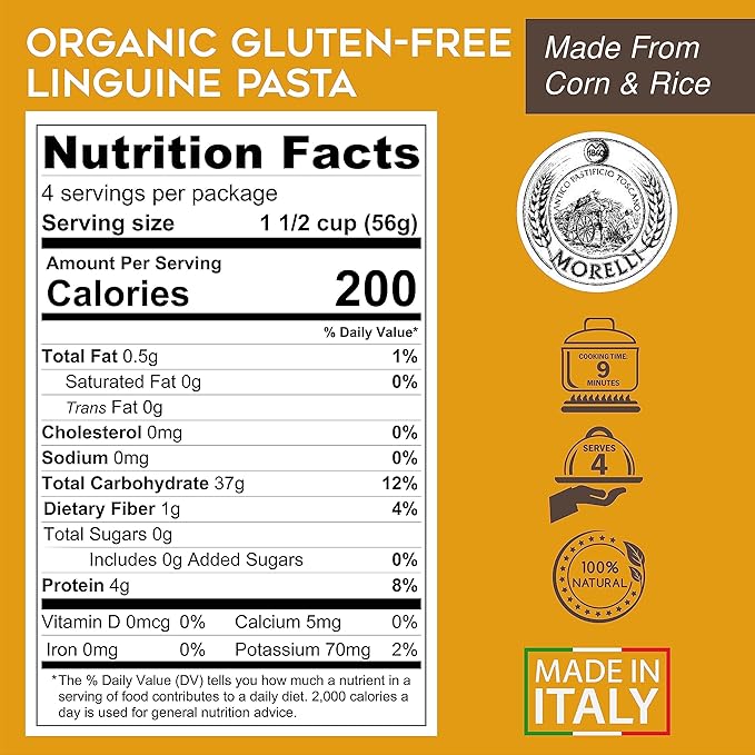 Morelli Organic Gluten Free Linguine Pasta Made With Corn - Vegan Corn Noodles Imported Organic Pasta from Italy Italian Gourmet Food - 8.8 oz - Pack of 16