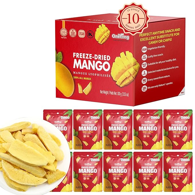 ONETANG Freeze-Dried Fruit Mango Chips 10 Pack Single-Serve Pack Non GMO Kosher No Add Sugar Gluten free Vegan Holiday Gifts Healthy Snack 0.35 Ounce