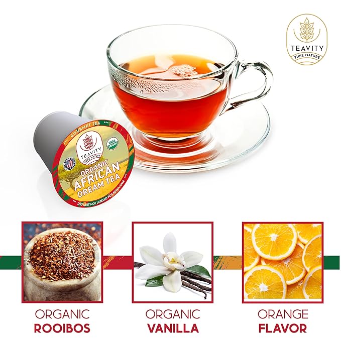 Organic Rooibos Tea Pods with Vanilla &amp Orange - Naturally Decaf Tea - African Dream by Teavity (24 Tea Pods)