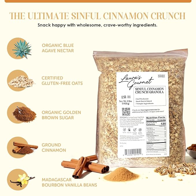 Laura's Gourmet Granola - Sinful Cinnamon Crunch - Gluten Soy &amp Dairy Free - Organic Agave Cinnamon &amp Pure Ground Vanilla Vegan Artisan Chef's Trifecta of Taste Texture &amp Mouthfeel -