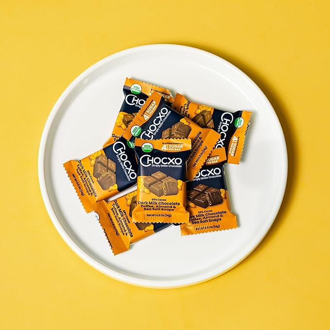 Chocxo Dark Milk Chocolate Toffee Almond &amp Sea Salt Snaps - Lower Sugar 69% Organic Cacao NonGMO Keto Gluten Free Kosher. No Artificial Sweeteners/Sugar Alcohols 3.45 oz (Pack of 6)