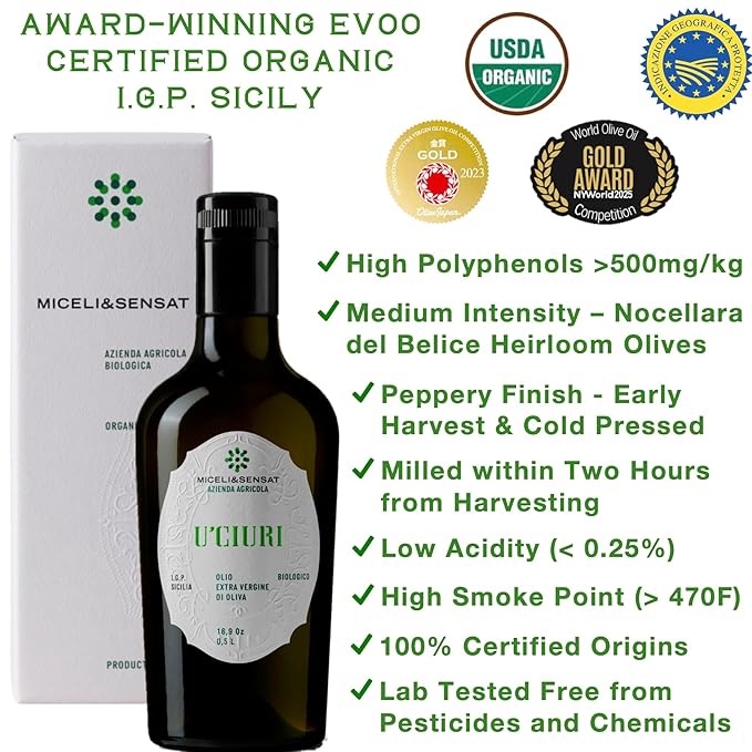 Fruity Medium Organic 500+ mg/kg Polyphenols Rich Italian Extra Virgin Olive Oil from Italy 2025 Gold Award High Antioxidants Peppery Finish Sicily Certified Origins Cold Pressed - 16.9 fl oz
