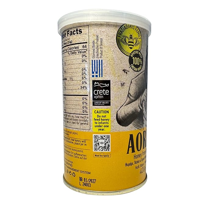 Aoritiko Pure Cretan Mountain Honey | Greek Honey | 100% Natural Wildflower &amp Herb-Infused Rich Aromatic Flavor Harvested from Pristine Greek Flora | 400 gram can