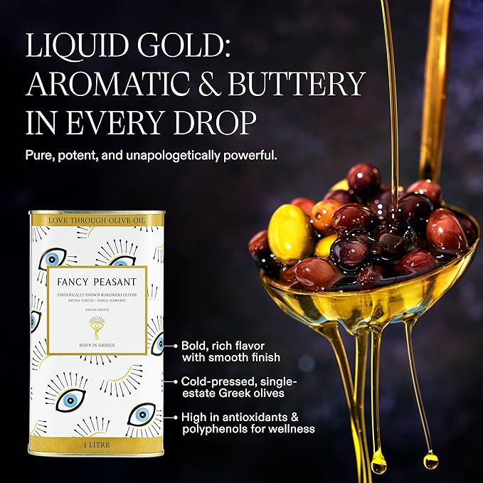 Fancy Peasant Everything Olive Oil 1L Tin of Greek Extra Virgin Olive Oil Polyphenol Rich EVOO with Olives from Greece