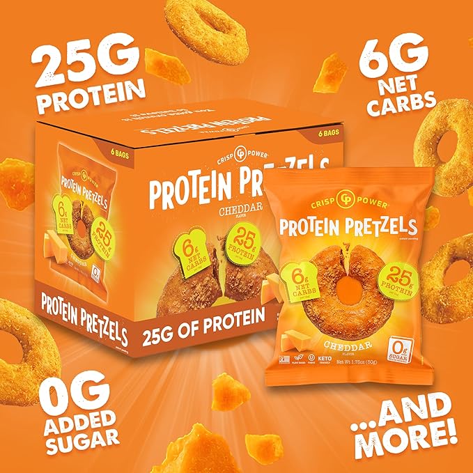 CRISP POWER Protein Pretzels NEW Cheddar 25G Protein High Protein Snack High Fiber Low Carb Crunchy Pretzel Snacks No Added Sugar 1.75 oz Bags 6 Pack Vegan Keto