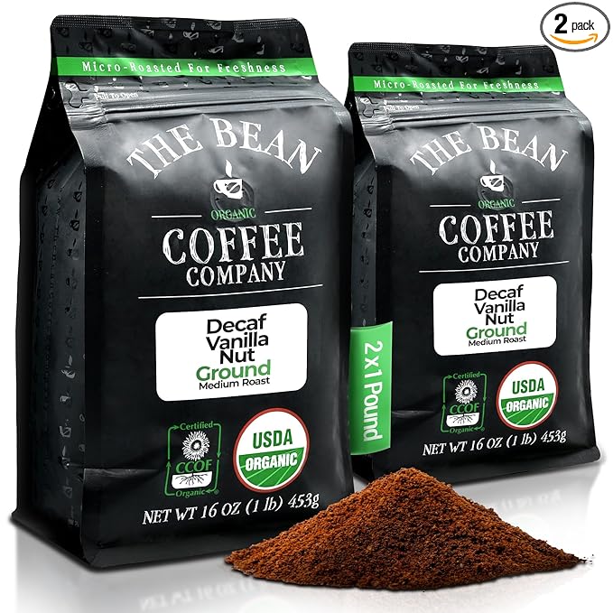 The Bean Organic Coffee Company Water Processed DECAF Vanilla Nut Medium Roast Ground Coffee 16-Ounce Bags (Pack of 2) Café Molido Tostado Orgánico descafeinado