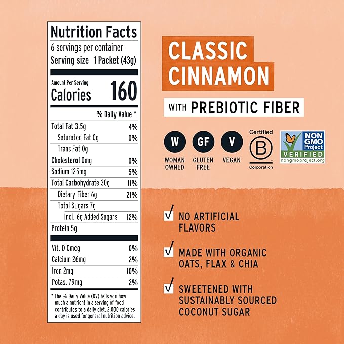 Purely Elizabeth Classic Cinnamon Superfood Oatmeal with Prebiotic Fiber Gluten Free &amp Non-GMO 9.12 Oz (Pack of 6) (6 Pack Classic Cinnamon)