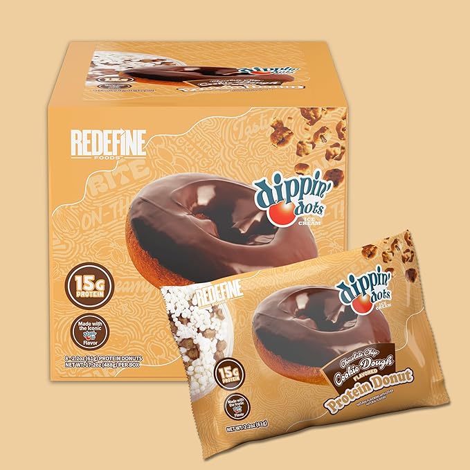Redefine Foods Dippin' Dots Protein Donut - 8 Count - Chocolate Chip Cookie Dough Flavor - 15g of Protein Per Serving - No Artificial Ingredients