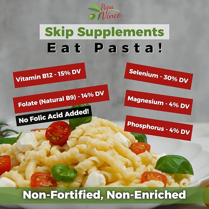 Papa Vince Organic Non Enriched Pasta - good whole wheat busiate pasta made in Italy from ancient grains cultivated in Sicily Italy. Slow Dried. Bronze Die Cut. Delightful Al dente texture. No funny