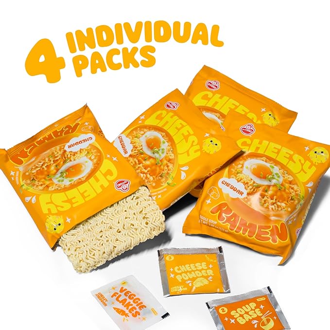 Cheesy Ramen - Cheddar Soup Ramen | Mild Kick Creamy &amp Savory Korean Noodles | 3.92 oz (Pack of 8)