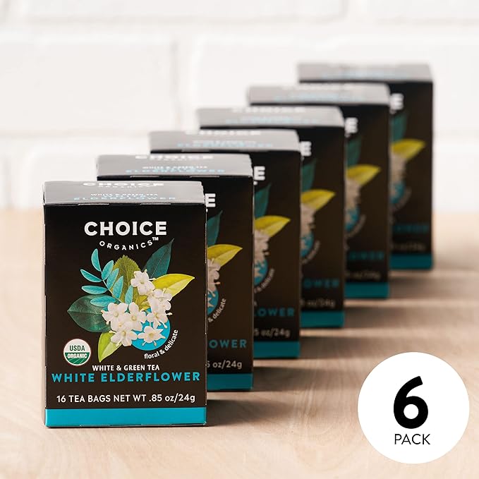 Choice Organic White Elderflower &amp Green Tea Caffeinated 16 Bags (Pack Of 6)