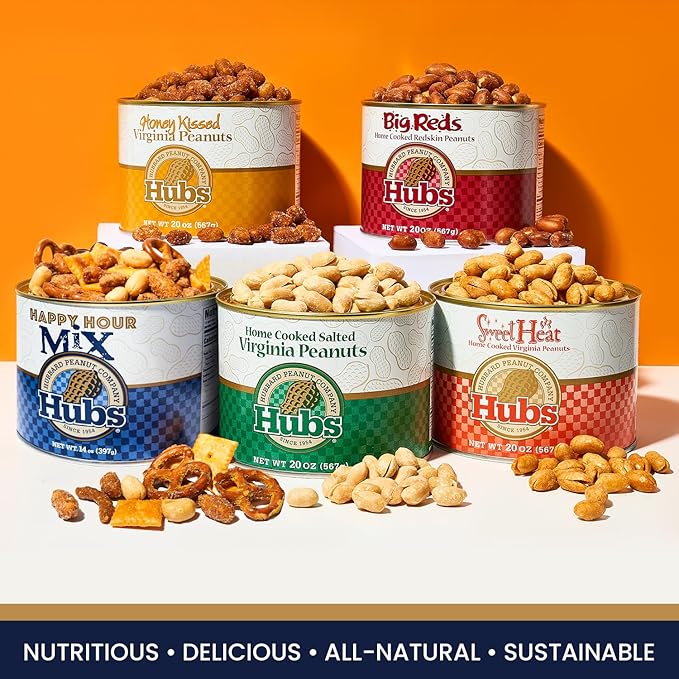 Hubs Peanuts Premium Virginia Nuts - Irresistible Crunch &amp Flavored Nuts - Non-GMO Gluten Free - Peanuts from Top 1% Crop - Reusable Tin - Perfect Snack for Any Occasion (Happy Hour Mix)