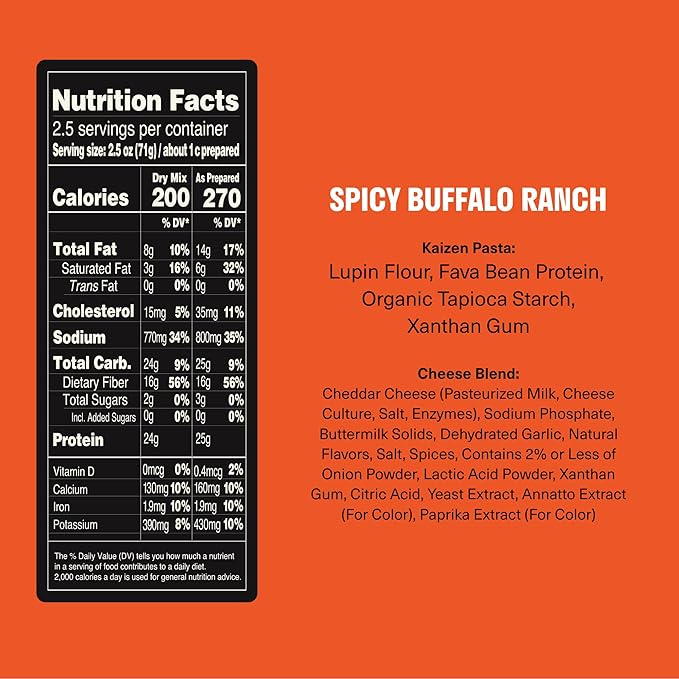 Kaizen High Protein Spicy Buffalo Ranch Mac &amp Cheese - Low Carb Keto Friendly High Fiber Gluten-Free Plant-Based Non-GMO - 6.4 Ounces (Pack of 3)