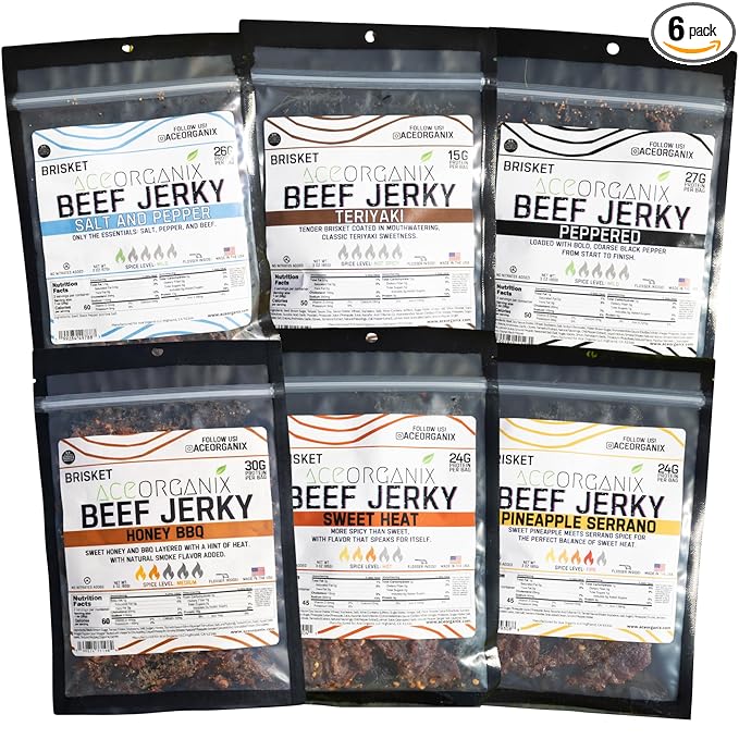 Ace Organix Brisket Beef Jerky 6 Flavor Variety Bundle – Pineapple Serrano Sweet Heat Honey BBQ Teriyaki Salt &amp Pepper and Peppered – Premium High Protein Snack – Clean Ingredients No Added