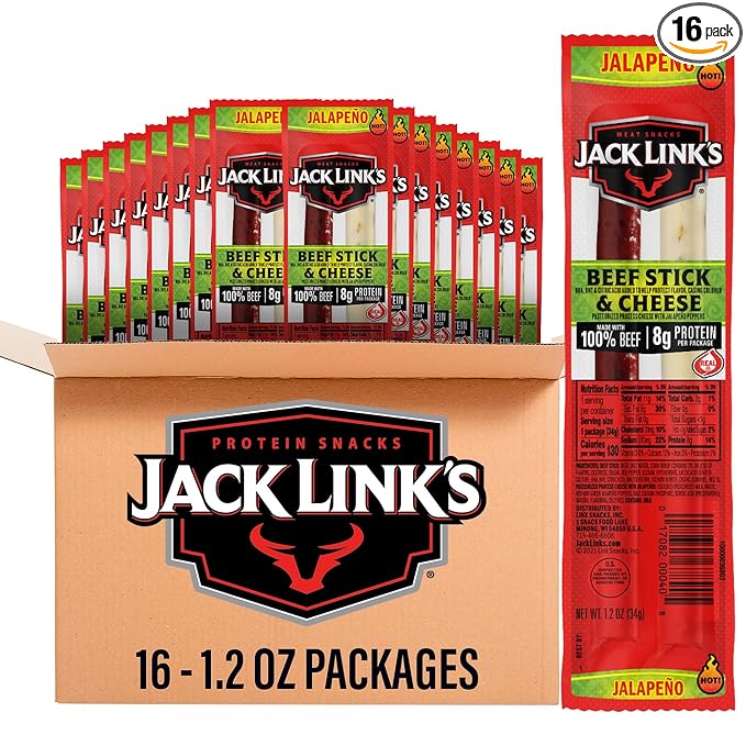 Jack Link's Jalapeno Beef &amp Cheese Combo Spicy Snack Pack Made with 100% Beef and Real Wisconsin Cheese 8g protein Individually Wrapped Snacks - 1.2 Ounce (Pack of 16)