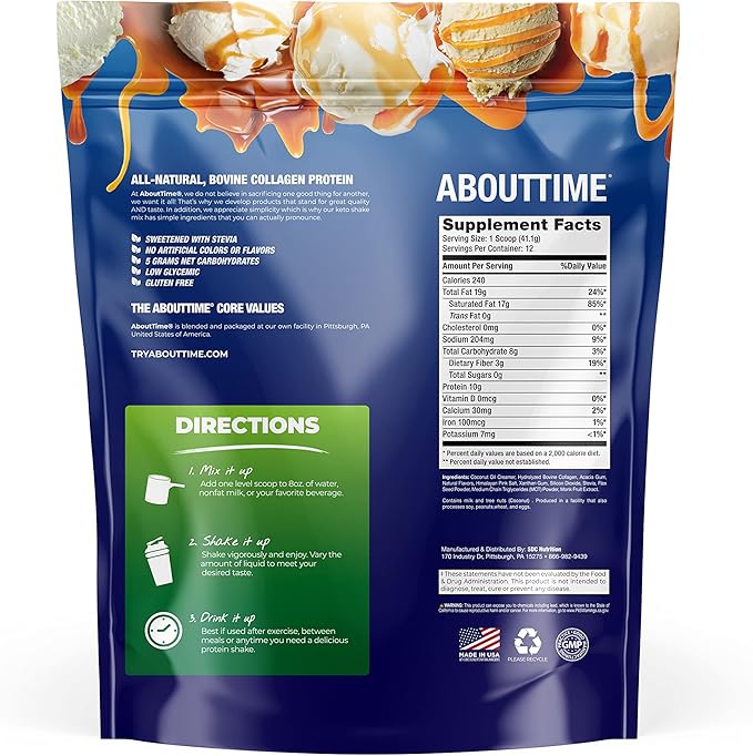 About Time Keto Shake with Bovine Collagen Protein + MCTs from Coconuts - 19g Fat 10g Protein 5g Net Carbs - Vanilla Caramel 1lb