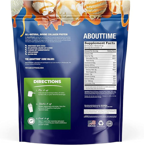 About Time Keto Shake with Bovine Collagen Protein + MCTs from Coconuts - 19g Fat 10g Protein 5g Net Carbs - Vanilla Caramel 1lb